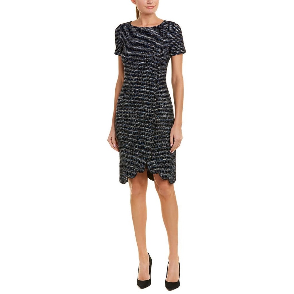 NWT ST JOHN Women's Dark Chambray Multi Twinkle Texture Knit Scallop Dress sz 14